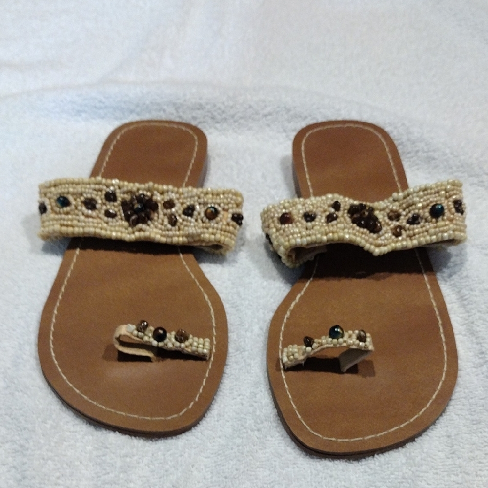 2 For 8 Dollars Sale Wood Beaded Tan Sandals